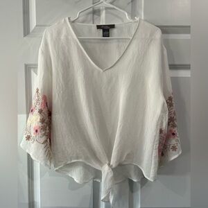 Olivia Martin Embroidered Sleeve Front Tie Top Women Sz S V Neck Blouse Cottage